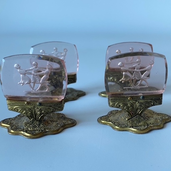 Antique Czech Glass Place Cards Holders: Set of 4, Pink Intaglio Glass - Picture 1 of 11